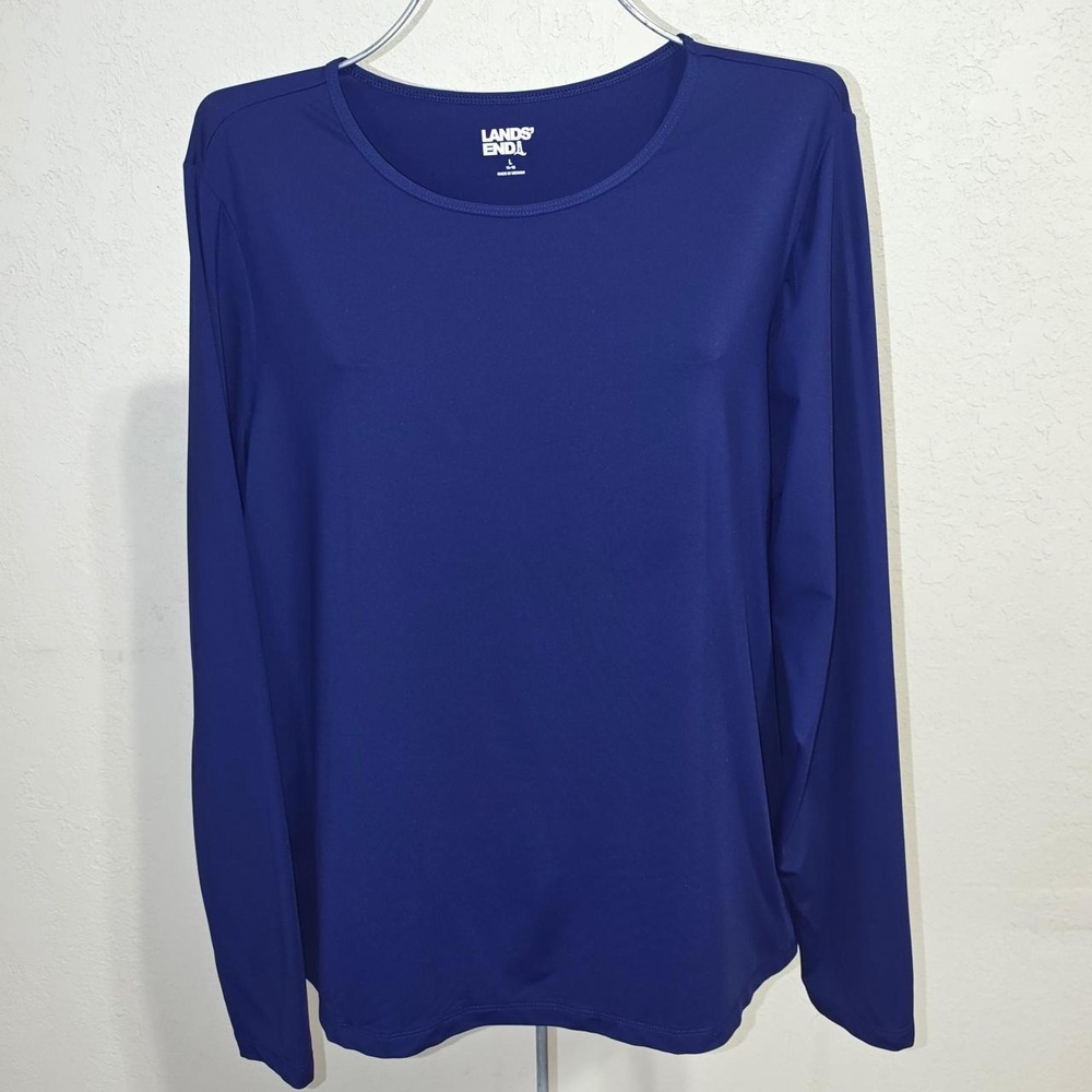 Lands' End Womens Blue Long Sleeve Crew Neck Top Navy Blue Size L 14-16
